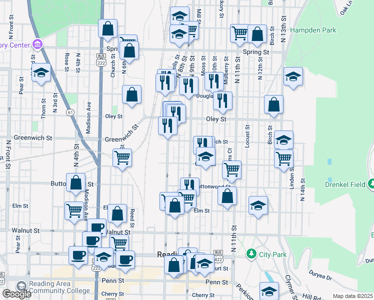 map of restaurants, bars, coffee shops, grocery stores, and more near 543 North 9th Street in Reading