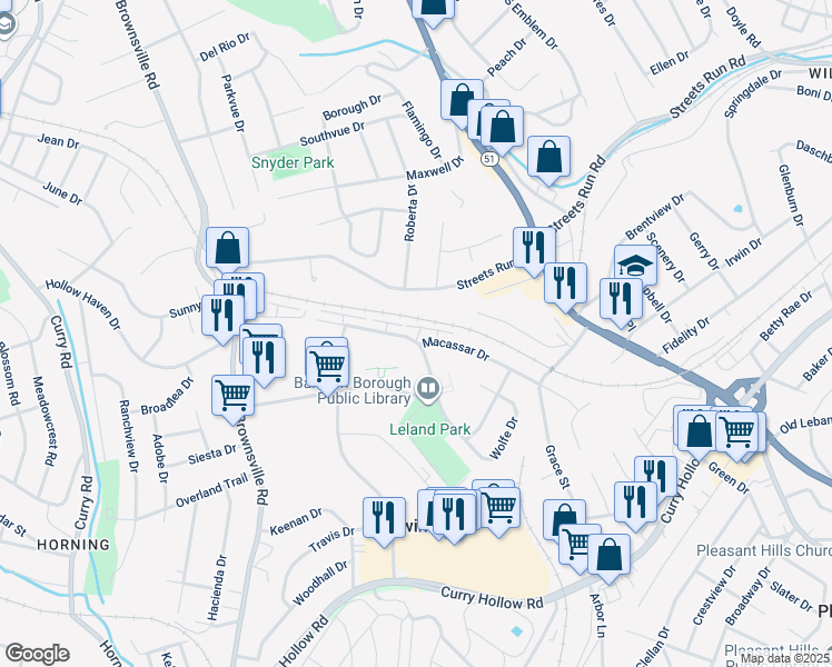 map of restaurants, bars, coffee shops, grocery stores, and more near 345 Macassar Drive in Pittsburgh