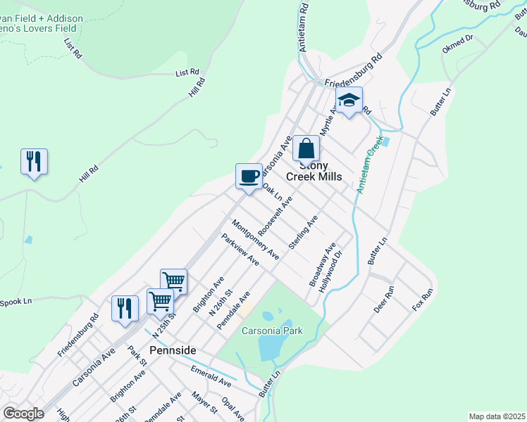 map of restaurants, bars, coffee shops, grocery stores, and more near 30 Columbia Avenue in Reading