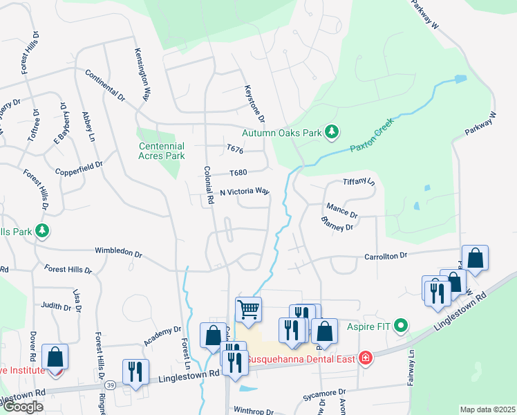 map of restaurants, bars, coffee shops, grocery stores, and more near 4326 Ashdon Drive in Harrisburg