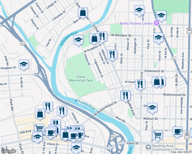 map of restaurants, bars, coffee shops, grocery stores, and more near 625 Clinton Street in Reading