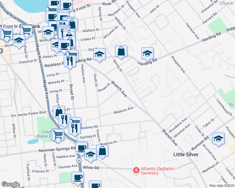map of restaurants, bars, coffee shops, grocery stores, and more near 15 East Bergen Place in Red Bank