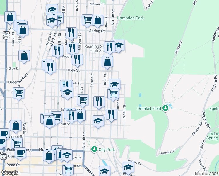 map of restaurants, bars, coffee shops, grocery stores, and more near 544 North 13th Street in Reading