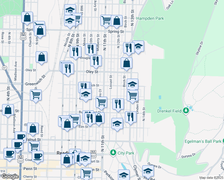map of restaurants, bars, coffee shops, grocery stores, and more near 548 Locust Street in Reading