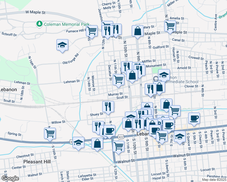 map of restaurants, bars, coffee shops, grocery stores, and more near 1119 Church Street in Lebanon