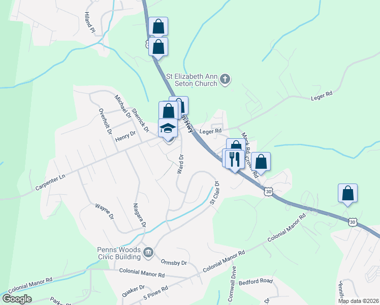 map of restaurants, bars, coffee shops, grocery stores, and more near 101 Carpenter Lane in Irwin