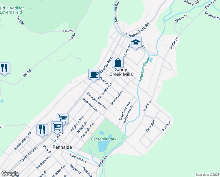 map of restaurants, bars, coffee shops, grocery stores, and more near 126 Oak Lane in Reading