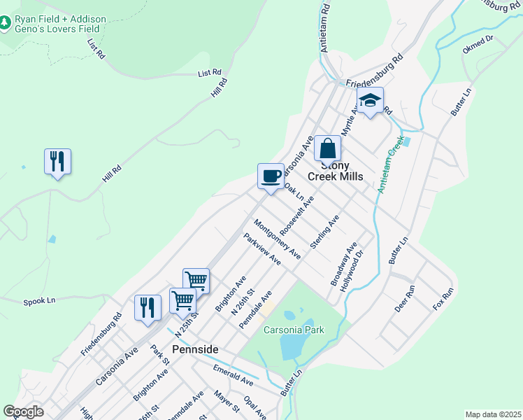 map of restaurants, bars, coffee shops, grocery stores, and more near 1050 Carsonia Avenue in Reading