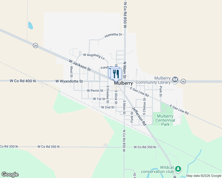 map of restaurants, bars, coffee shops, grocery stores, and more near 116 West Perrin Street in Mulberry