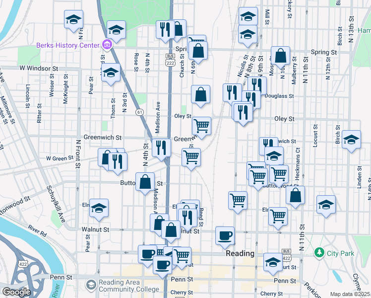 map of restaurants, bars, coffee shops, grocery stores, and more near 524 North 6th Street in Reading