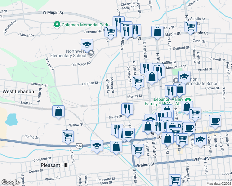 map of restaurants, bars, coffee shops, grocery stores, and more near 1226 Brandywine Street in Lebanon