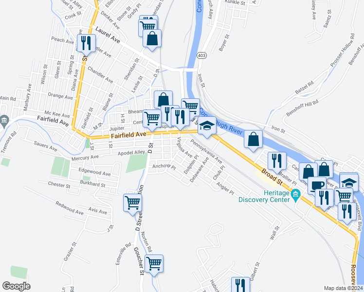 map of restaurants, bars, coffee shops, grocery stores, and more near 2 Barron Avenue in Johnstown