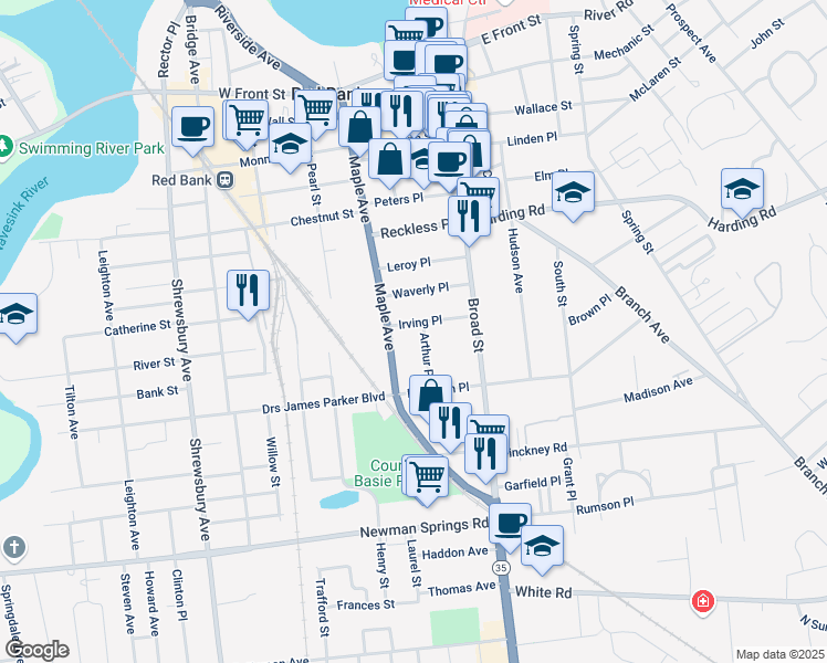 map of restaurants, bars, coffee shops, grocery stores, and more near 51 Irving Place in Red Bank
