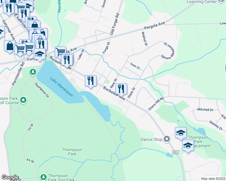 map of restaurants, bars, coffee shops, grocery stores, and more near 115 Buckelew Avenue in Jamesburg