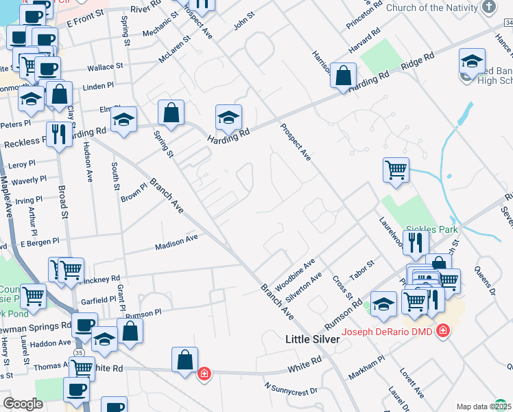 map of restaurants, bars, coffee shops, grocery stores, and more near 39 Windsor Drive in Little Silver
