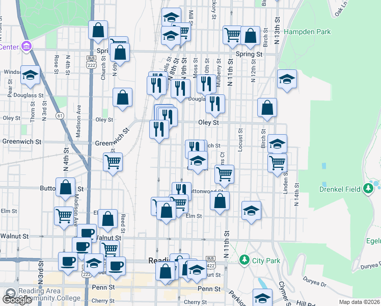 map of restaurants, bars, coffee shops, grocery stores, and more near 543 North 9th Street in Reading