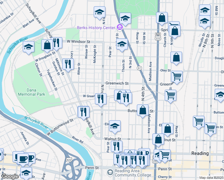 map of restaurants, bars, coffee shops, grocery stores, and more near 135 Hudson Street in Reading