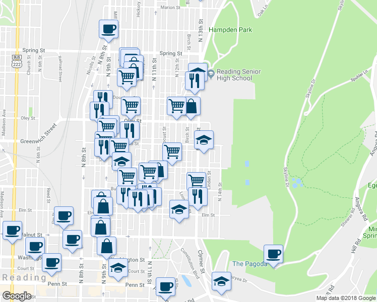 map of restaurants, bars, coffee shops, grocery stores, and more near 549 Birch Street in Reading