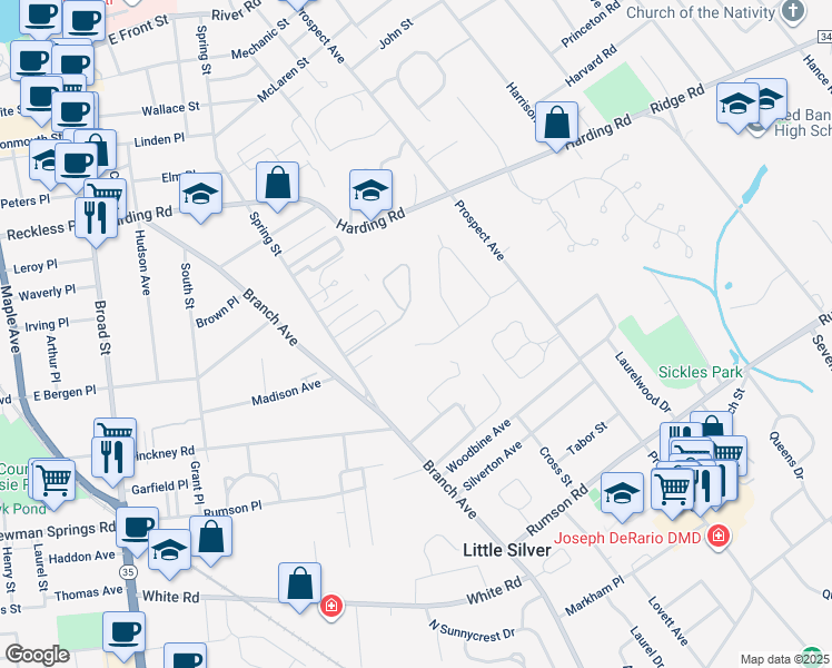 map of restaurants, bars, coffee shops, grocery stores, and more near 39 Windsor Drive in Little Silver