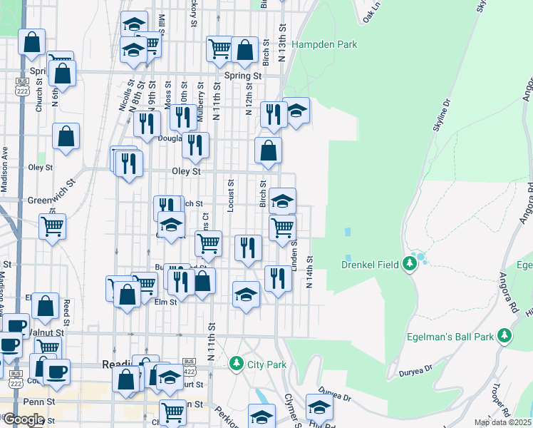 map of restaurants, bars, coffee shops, grocery stores, and more near 549 Birch Street in Reading