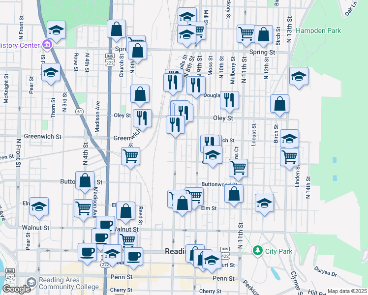 map of restaurants, bars, coffee shops, grocery stores, and more near 538 Cedar Street in Reading