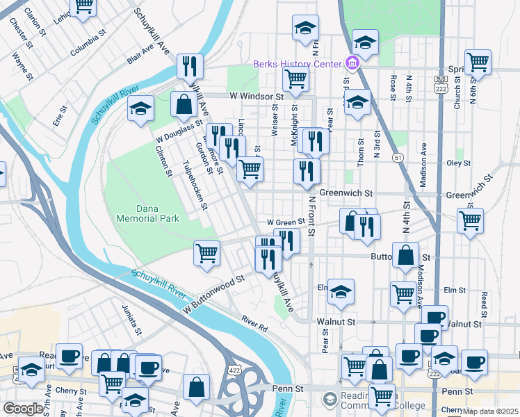 map of restaurants, bars, coffee shops, grocery stores, and more near 525 Ritter Street in Reading