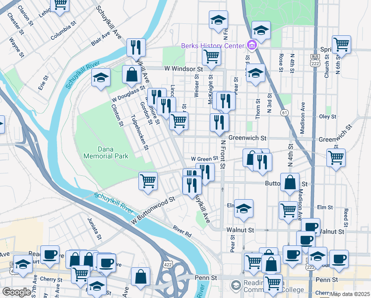 map of restaurants, bars, coffee shops, grocery stores, and more near 525 Ritter Street in Reading