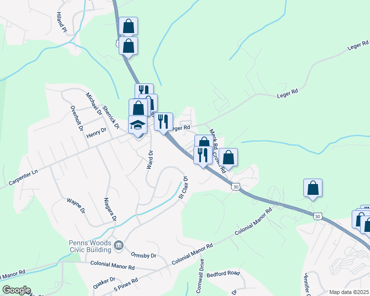 map of restaurants, bars, coffee shops, grocery stores, and more near 404 Maryland Lane in Irwin