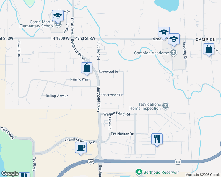 map of restaurants, bars, coffee shops, grocery stores, and more near 4608 North Sunshine Court in Loveland
