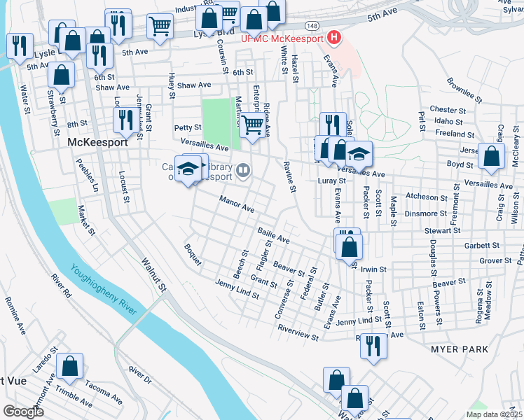 map of restaurants, bars, coffee shops, grocery stores, and more near 1619 Manor Avenue in McKeesport