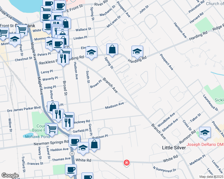 map of restaurants, bars, coffee shops, grocery stores, and more near 153 Branch Avenue in Red Bank