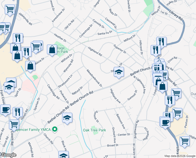 map of restaurants, bars, coffee shops, grocery stores, and more near 175 Meadowbrook Dr in Bethel Park
