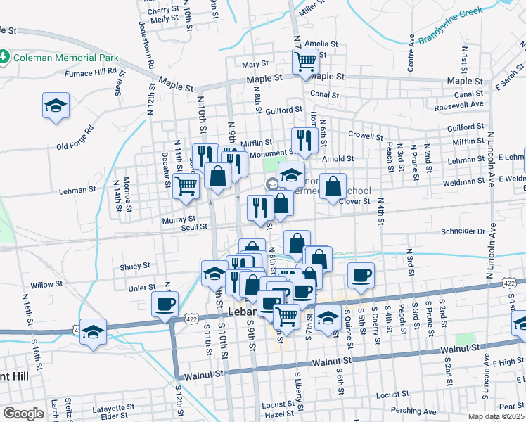 map of restaurants, bars, coffee shops, grocery stores, and more near 317 North 8th Street in Lebanon