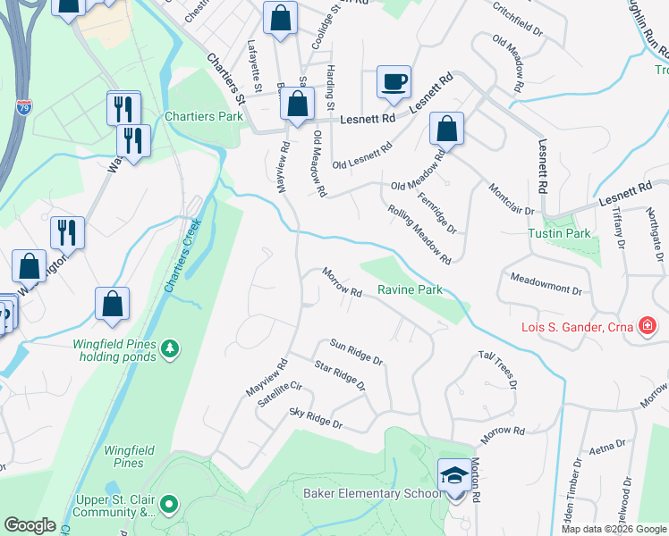 map of restaurants, bars, coffee shops, grocery stores, and more near 1237 Oak Park Court in Pittsburgh