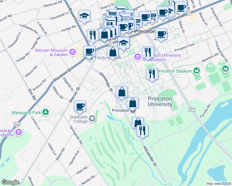 map of restaurants, bars, coffee shops, grocery stores, and more near 78 Alexander Street in Princeton