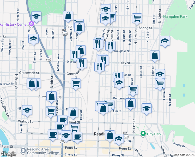 map of restaurants, bars, coffee shops, grocery stores, and more near 542 Poplar Lane in Reading