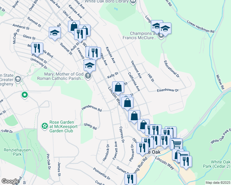 map of restaurants, bars, coffee shops, grocery stores, and more near 2814 Willard Street in White Oak