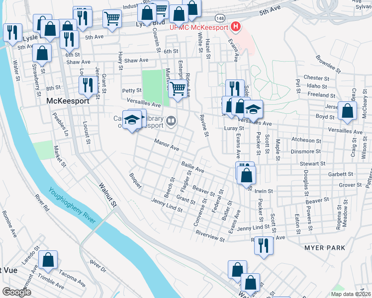 map of restaurants, bars, coffee shops, grocery stores, and more near 1619 Manor Avenue in McKeesport