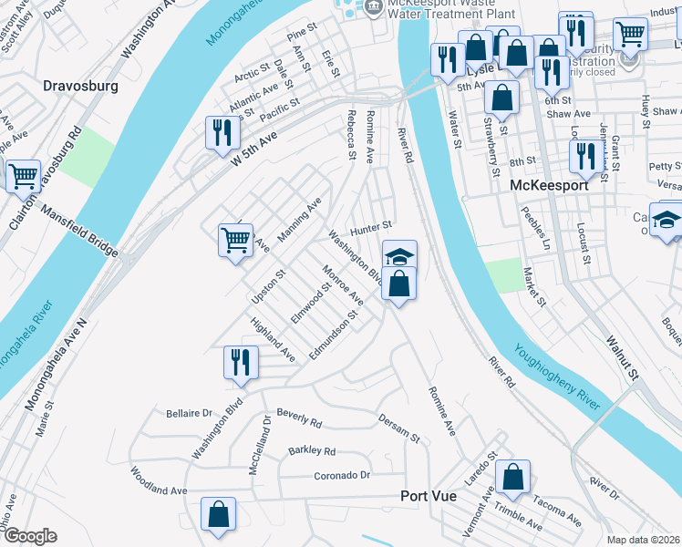 map of restaurants, bars, coffee shops, grocery stores, and more near 1115 Nan Alley in McKeesport
