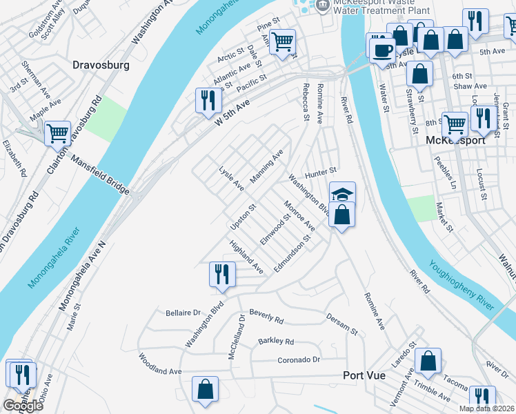 map of restaurants, bars, coffee shops, grocery stores, and more near 900 Lysle Avenue in McKeesport