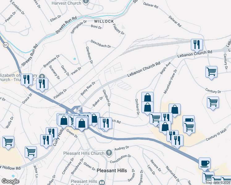 map of restaurants, bars, coffee shops, grocery stores, and more near 103 Norman Drive in Pittsburgh