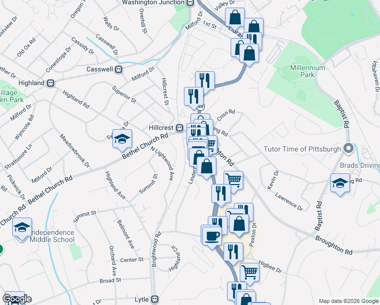 map of restaurants, bars, coffee shops, grocery stores, and more near 4948 Lindermer Avenue in Bethel Park