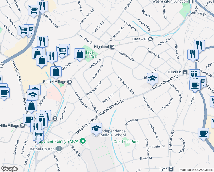 map of restaurants, bars, coffee shops, grocery stores, and more near 2620 Santa Barbara Drive in Bethel Park