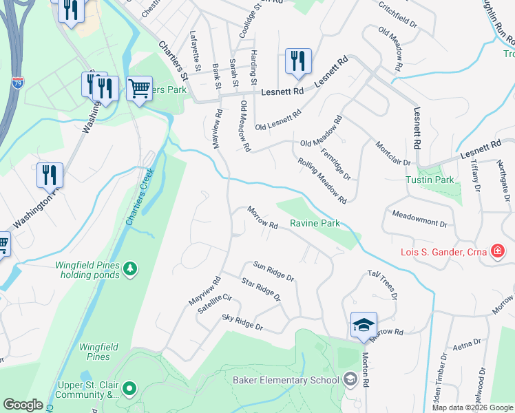 map of restaurants, bars, coffee shops, grocery stores, and more near 1237 Oak Park Court in Pittsburgh