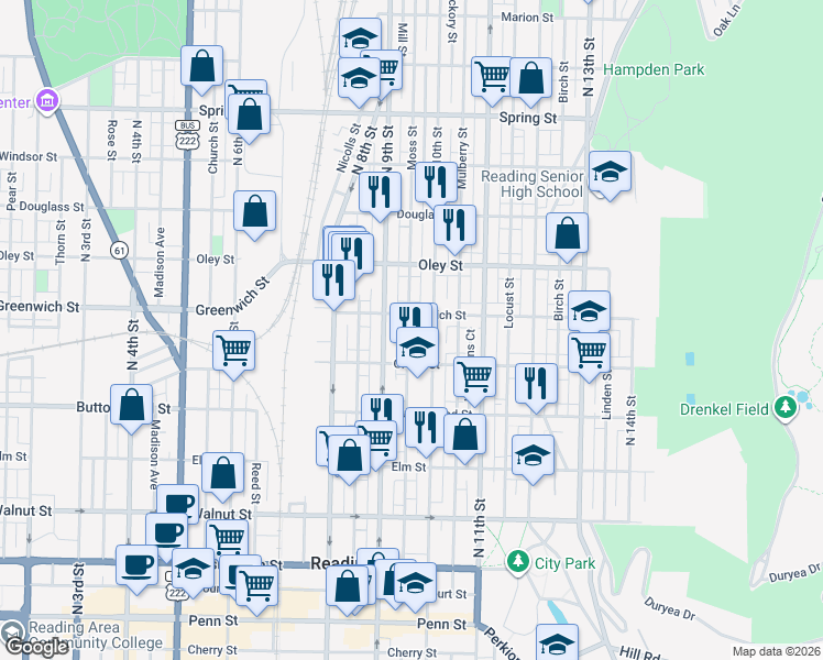 map of restaurants, bars, coffee shops, grocery stores, and more near 542 North 10th Street in Reading