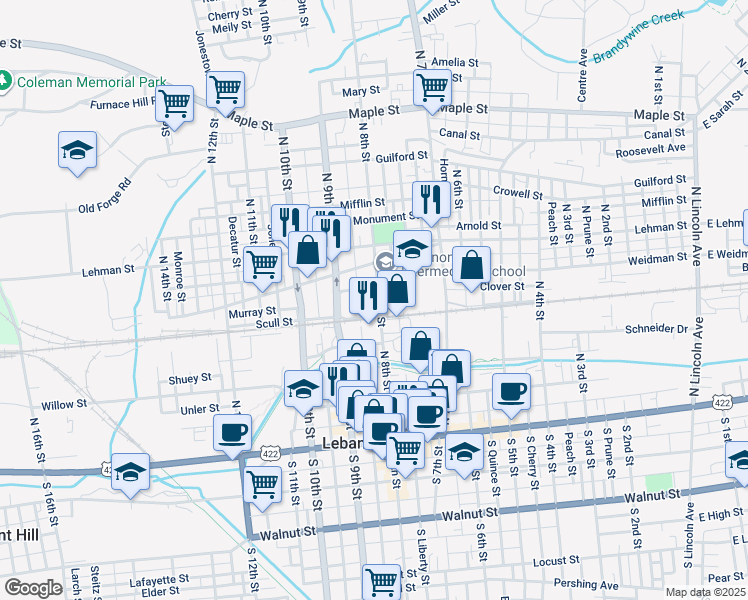 map of restaurants, bars, coffee shops, grocery stores, and more near 317 North 8th Street in Lebanon