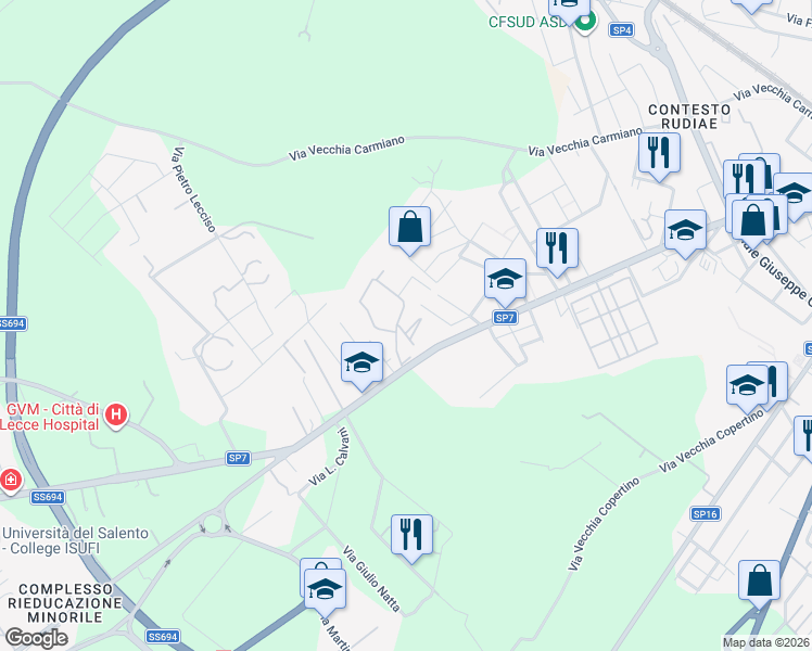 map of restaurants, bars, coffee shops, grocery stores, and more near 34 Via Villa Bellavista in Lecce