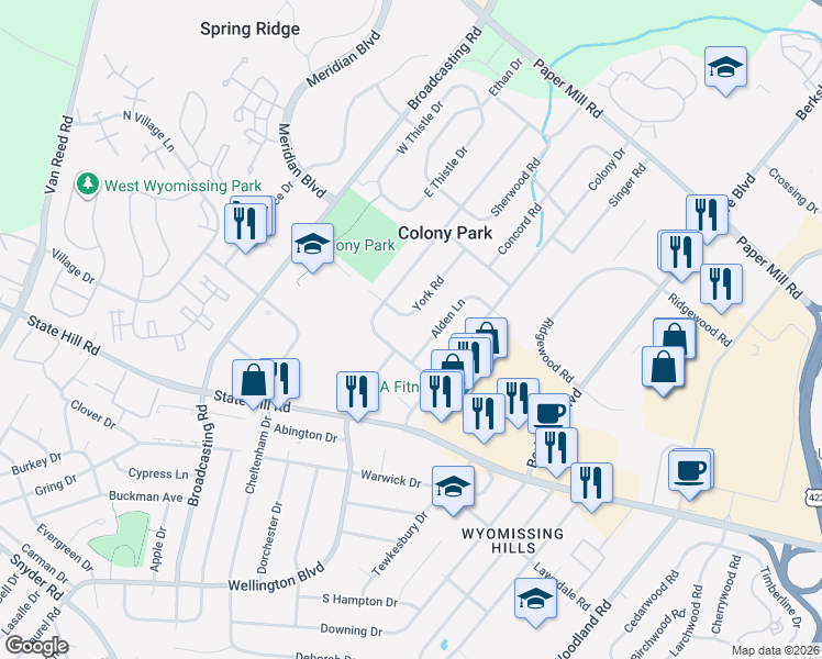 map of restaurants, bars, coffee shops, grocery stores, and more near 1749 York Road in Reading