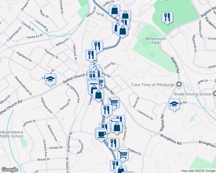 map of restaurants, bars, coffee shops, grocery stores, and more near 119 Broughton Rd in Bethel Park