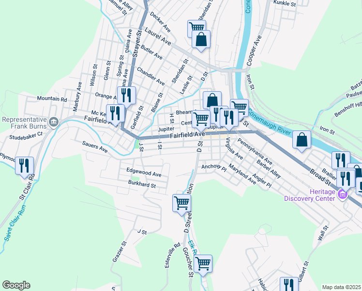map of restaurants, bars, coffee shops, grocery stores, and more near 160 Barron Avenue in Johnstown